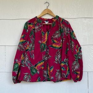 Crown & Ivy Cotton Lined Tropical Bird Print Puff Sleeve Blouse - Size 1X
